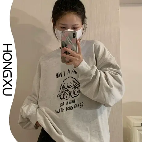 红续日系极简印花圆领卫衣2023冬季小众设计感加厚百搭显瘦上衣潮图片