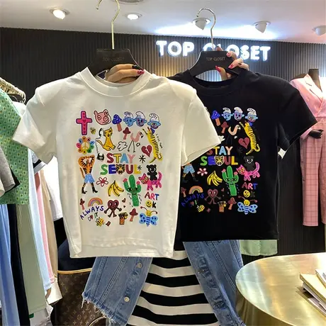 2022夏季新款韩版ins潮修身显瘦卡通动漫短袖T恤百搭短款上衣女商品大图