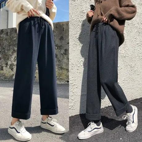 毛呢阔腿女裤子2023秋冬学生直筒高腰垂坠感休闲运动宽松显瘦百搭商品大图