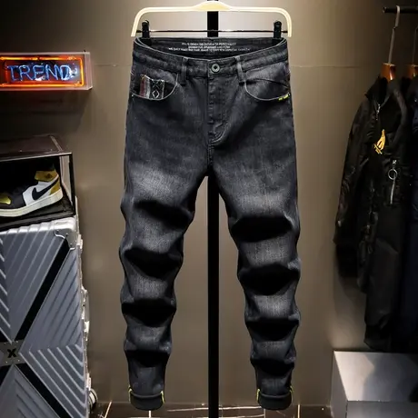 春夏季款黑色牛仔裤男潮流韩版休闲百搭舒适弹力修身小脚牛仔长裤商品大图