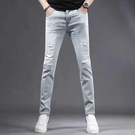 浅色破洞牛仔裤男修身小直筒2023款新款夏季潮牌男士牛仔裤青年商品大图