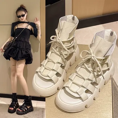 欧洲站鱼嘴凉靴女ins潮2023夏季新款高帮凉鞋厚底增高镂空罗马鞋图片