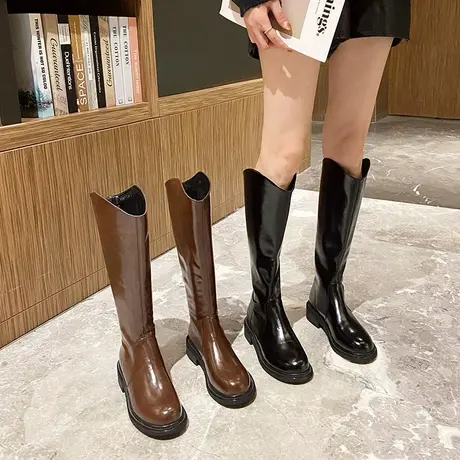 长靴女不过膝2022年秋冬新款切尔西马丁靴时尚显瘦粗跟高筒骑士靴商品大图
