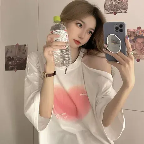 大码微胖mm露肩短袖T恤女夏装设计感小众宽松显瘦辣妹上衣200斤潮商品大图