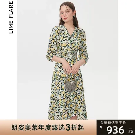 莱茵商场同款新款碎花连衣裙翻领不规则裙设计感高级图片