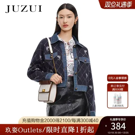 JUZUI玖姿奥莱春秋新款格纹绣花牛仔拼接毛衣趣味时尚短款开衫商品大图