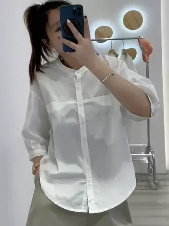 中袖衬衫女2023年春夏季新款小个子别致高级设计感小众遮肚子上衣商品大图