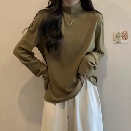 双面德绒高领打底衫女春秋季韩版洋气减龄宽松显瘦纯色长袖T恤潮商品大图