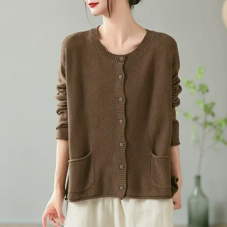 dza 复古纯色圆领棉线针织衫女士休闲毛衣开衫春秋新款宽松短外套图片