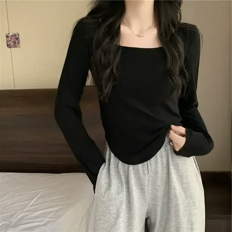 黑色长袖t恤女装秋季设计感不规则新款修身内搭打底衫辣妹上衣潮图片