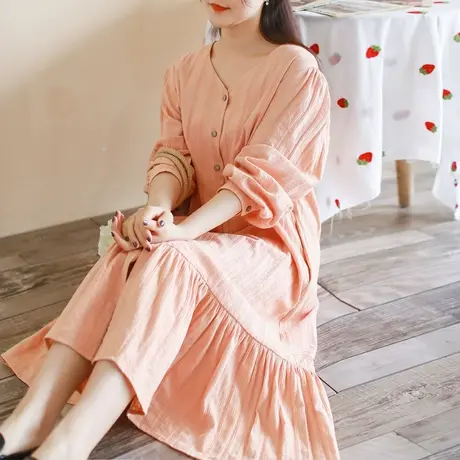 胖妹妹春装气质元气奶橘连衣裙加大码2023新款V领纯棉宽松长裙女商品大图