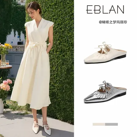EBLAN/伊伴银色包头半拖鞋女外穿2025夏季新款法式蝴蝶结懒人单鞋商品大图