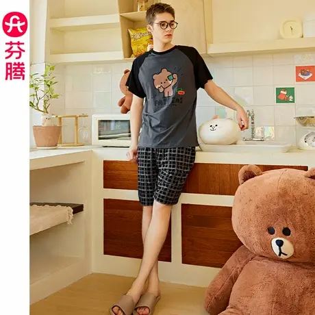 芬腾男睡衣夏季纯棉短袖套装卡通布朗熊休闲男款大码可外穿家居服商品大图