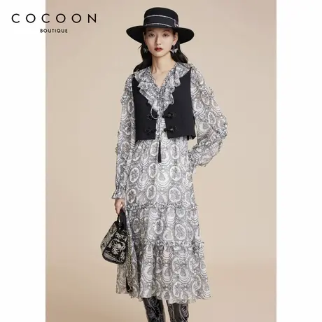 100%桑蚕丝 商场同款 可可尼COCOON秋季新款法式裙子印花连衣裙女图片