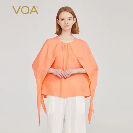 VOA暗纹提花桑蚕丝圆领蝙蝠七分袖宽松款弧形摆西柚橙真丝T恤衫图片