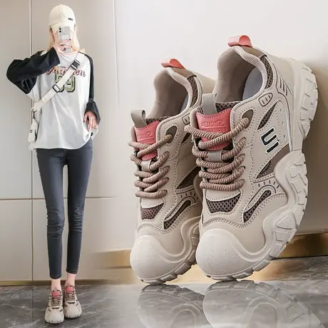 户外丑萌运动鞋女2025春秋皮面高帮老爹鞋防水防滑登山徒步鞋图片