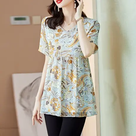 漂亮中长款雪纺衫女短袖2023夏季新款胖MM宽松遮肚子大码碎花小衫商品大图