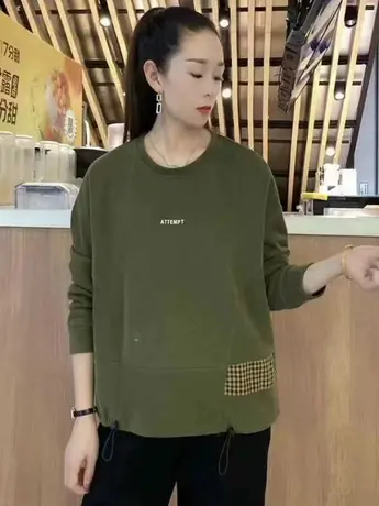 2023春秋薄款卫衣女时尚圆领套头休闲宽松百搭长袖拼色贴布上衣潮图片