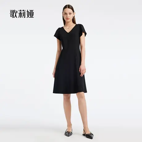 歌莉娅黑色V领连衣裙女夏季荷叶袖气质通勤裙子小黑裙1B5C4H540商品大图