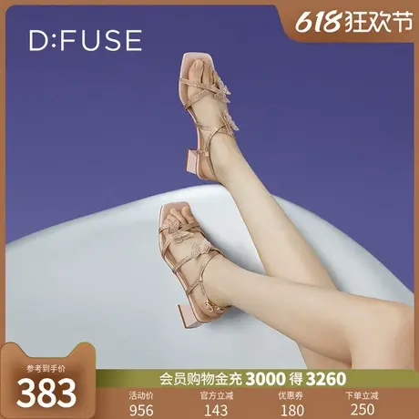 DFuse夏季爆款新款方头蝴蝶结仙女鞋粗跟中跟百搭凉鞋DF32115320图片