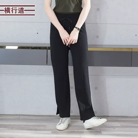休闲抽绳阔腿长裤2023新款宽松简约纯色裤脚开叉显瘦黑色松紧腰女商品大图