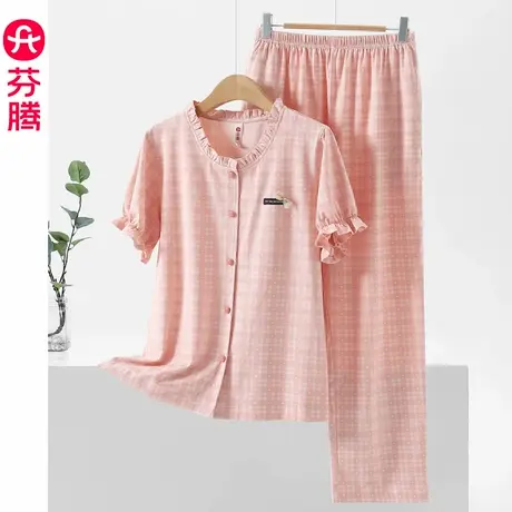 芬腾睡衣女款夏季纯棉短袖长裤套装夏款薄款可外穿格子空调家居服商品大图