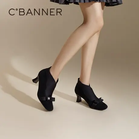 千百度蝴蝶结扣饰粗高跟时装靴女百搭冬季气质通勤时尚洋气小短靴商品大图