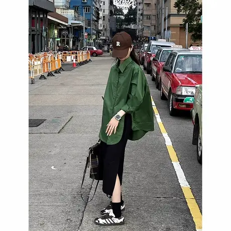 绿色凹槽设计感长袖衬衫女2025新款宽松大码小众百搭时髦衬衣图片