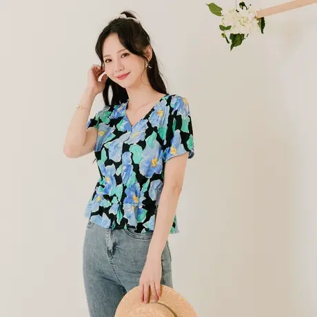 桔熊夏季复古V领撞色小外套手绘印花泡泡袖裙摆上衣女大码AB17155商品大图