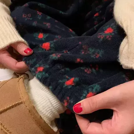 新品！冬季韩系复古碎花摇粒绒束脚长裤ins慵懒百搭可外穿休闲裤商品大图