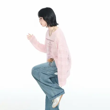粉色镂空V领长袖T恤上衣女夏秋2025新款美式复古字母印花百搭罩衫商品大图