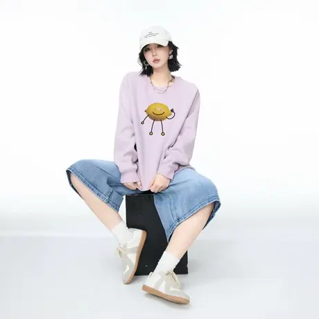 YEP春秋新款浅紫色卡通印花圆领卫衣女宽松外套美式街头套头上衣商品大图
