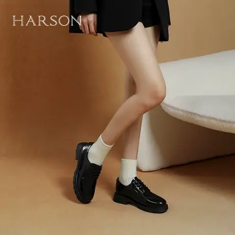 哈森布洛克小皮鞋女春季新款系带牛皮革漆皮深口单鞋HS250605商品大图