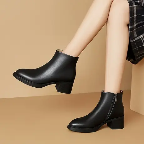 简约百搭粗跟真皮短靴女中跟里外纯皮透气舒适软皮单靴防滑增高图片