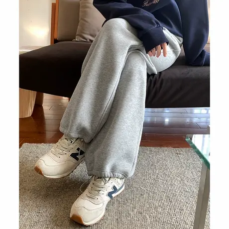唐狮秋冬新款灰色卫裤女抽绳束脚直筒运动裤加绒休闲长裤工装tu图片