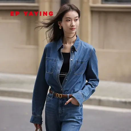 EP YAYING雅莹女装 复古风口袋宽松牛仔衬衫 2023夏季新J201A图片
