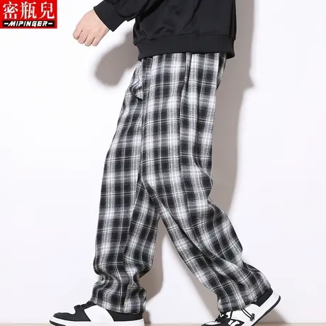 密瓶儿黑白格子裤子男宽松秋季男士大码加肥加大休闲运动裤子男潮商品大图