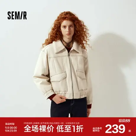 森马牛仔外套女冬季仿羊羔毛翻领夹棉宽松2025新款潮酷工装风夹克商品大图