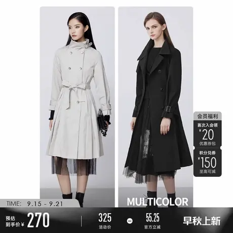 sdeer圣迪奥女装时尚立领收腰双排扣长款风衣女S21381801商品大图