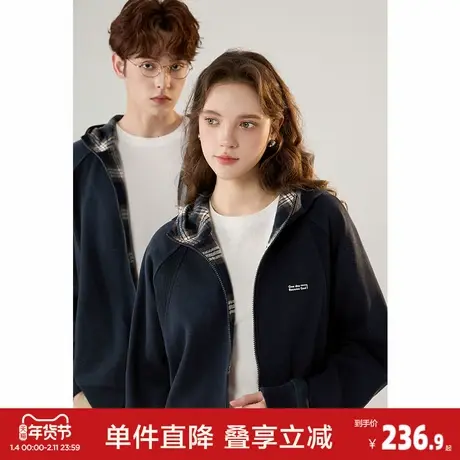 唐狮2026春季新款情侣同码连帽针织外套格纹拼接宽松休闲卫衣外套商品大图