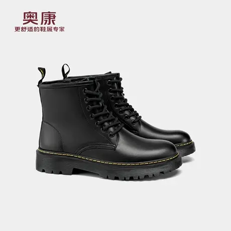 奥康 男鞋冬季厚底马丁靴黑色系带短靴增高耐磨防滑户外靴商品大图