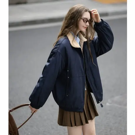 唐狮秋冬季短款厚外套女撞色仿羊羔绒领子短款棉衣保暖夹克TUTA图片