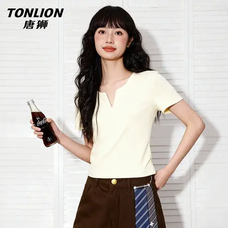 唐狮官方v领短袖t恤女2026新款夏季小个子修身显瘦短款紧身上衣VB图片