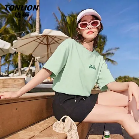 唐狮官方浅绿色短袖t恤女2026新款夏季女士纯棉宽松内搭上衣女VB商品大图