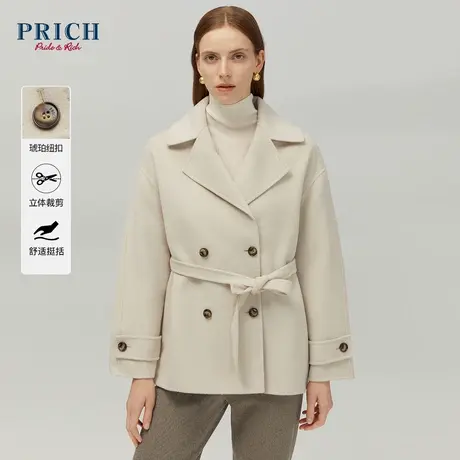 【100%绵羊毛】PRICH23冬新款平驳翻领双排扣腰带短款毛呢大衣女商品大图
