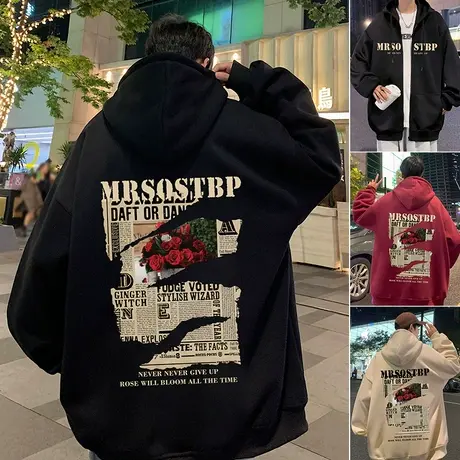 开衫加绒卫衣男秋冬季2023新款oversize复古玫瑰情侣潮流连帽外套商品大图