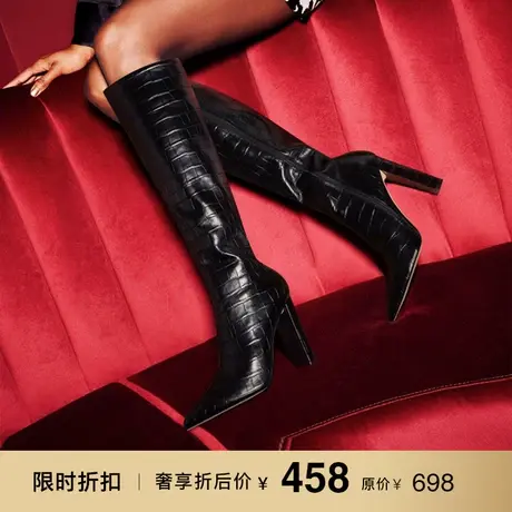 熙漫2023秋冬新款粗跟长靴黑色百搭超高跟不过膝靴子尖头欧美女靴图片