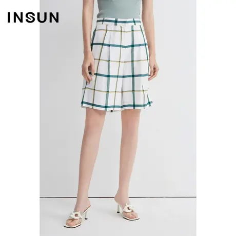 恩裳商场同款夏季醋酸时尚收褶绿色系格子设计小清新休闲短裤商品大图