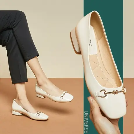 年白色单鞋女春秋低跟时尚方头百搭粗跟鞋子春季女鞋气质皮鞋商品大图