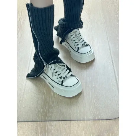 厚底帆布鞋子女百搭小白鞋2023夏新款复古松糕底学生方头休闲板鞋图片